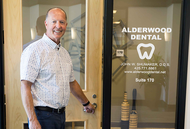 Dr. John Shumaker at Alderwood Dental entrance